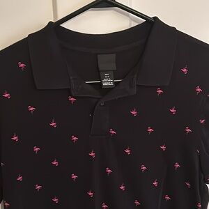 Men’s pink flamingo, black polo shirt, size S